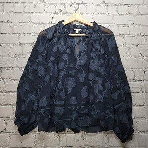 Joie Chaylse Floral Embroidery‎ Lace Trim Blouse In Deep Sea Size XS
